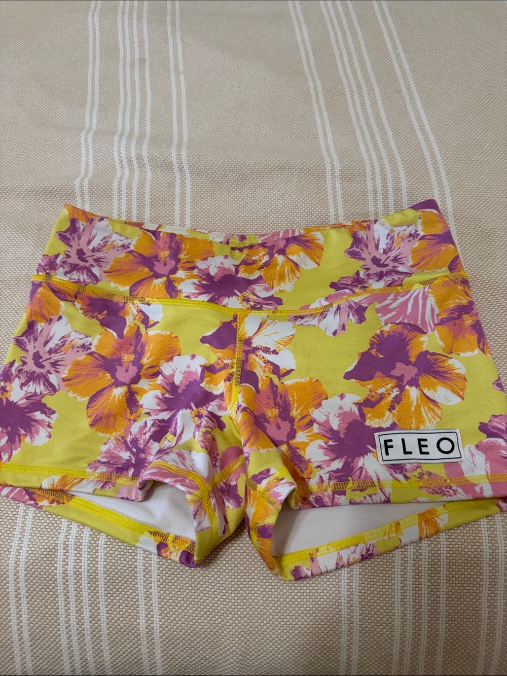 Fleo Yellow Floral Athletic Shorts with Pink & Orange Blooms